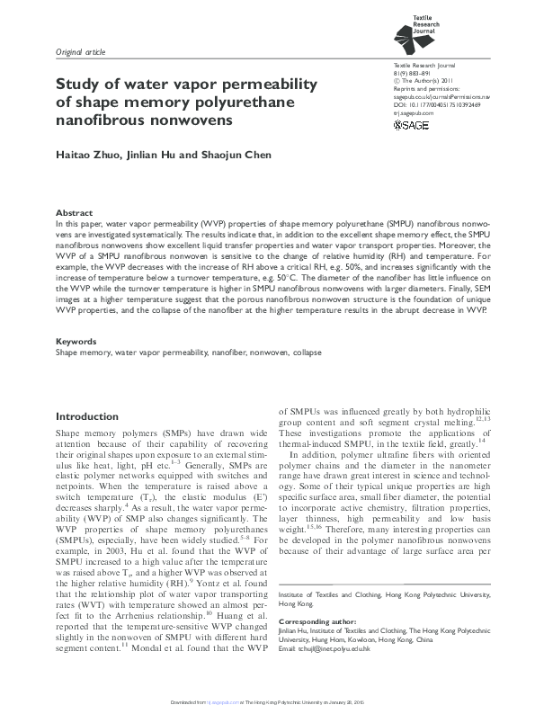 (PDF) Study of water vapor permeability of shape memory polyurethane ...