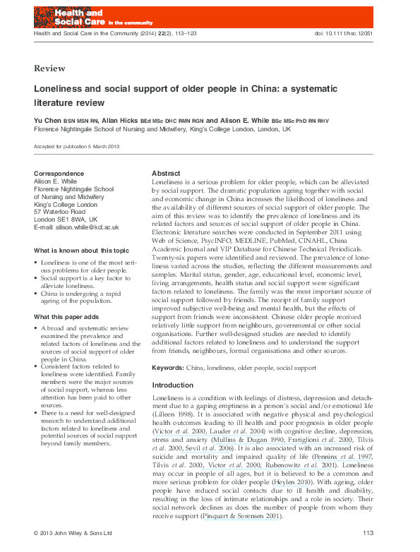 (PDF) Loneliness and social support of older people in China: a ...