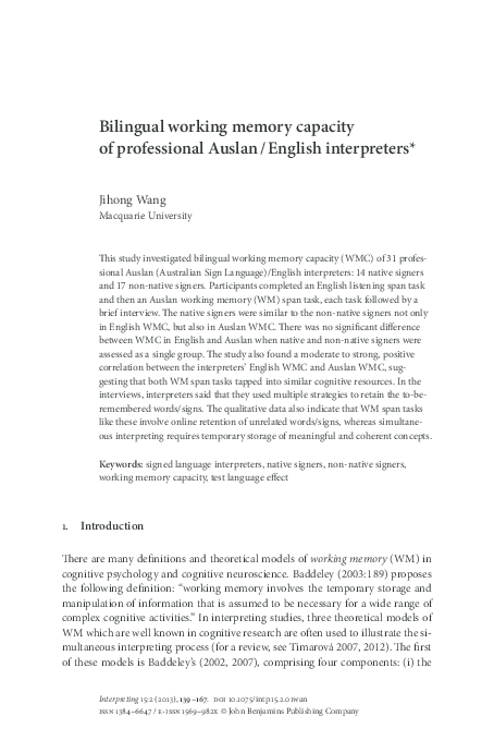 Bilingual working memory capacity of professional Auslan / English ...