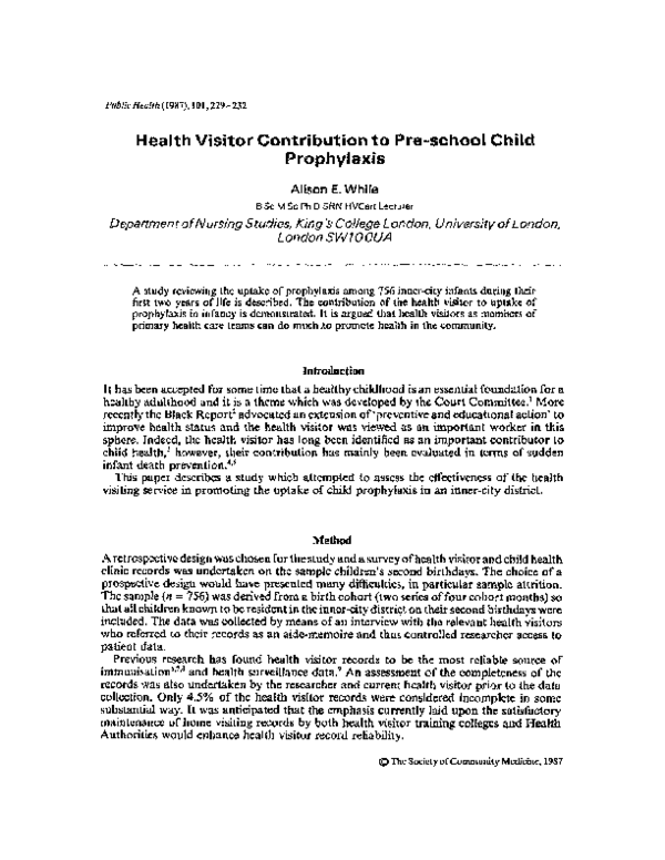 (PDF) Health visitor contribution to pre-school child prophylaxis