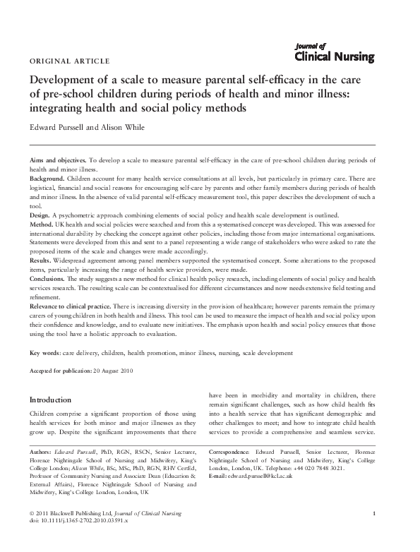 (PDF) Development of a scale to measure parental self‐efficacy in the ...
