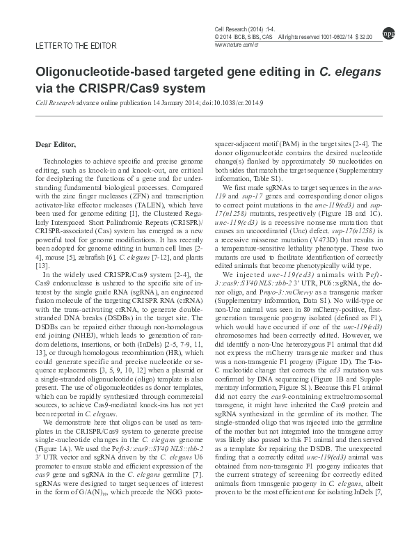 (PDF) Oligonucleotide-based targeted gene editing in C. elegans via the ...