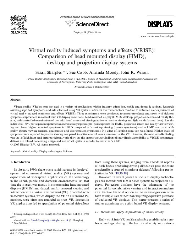 (PDF) Virtual Reality Induced Symptoms and Effects (VRISE) Sue Cobb Academia.edu