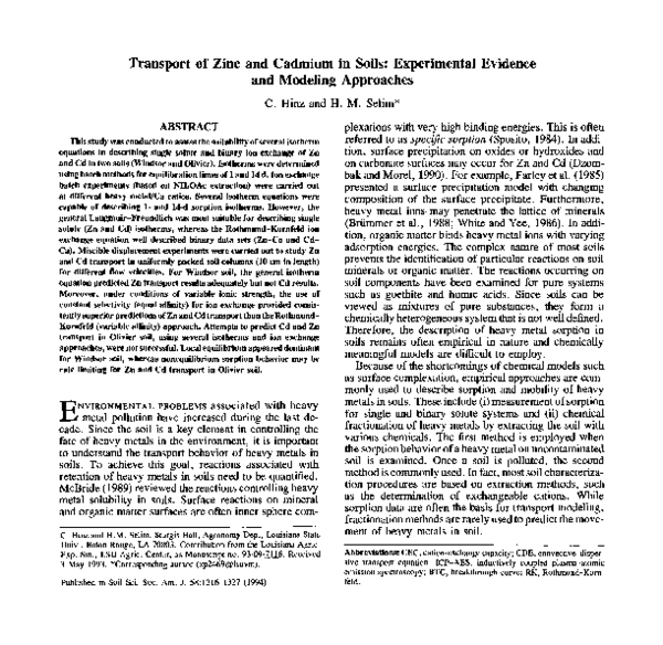 (PDF) Transport of zinc and cadmium in soils: Experimental evidence and ...