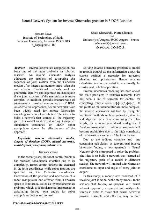 (PDF) Neural network system for inverse kinematics problem in 3 DOF ...