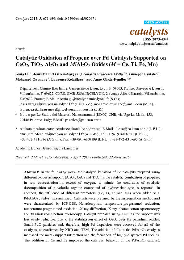 (PDF) Catalytic Oxidation of Propene over Pd Catalysts Supported on ...
