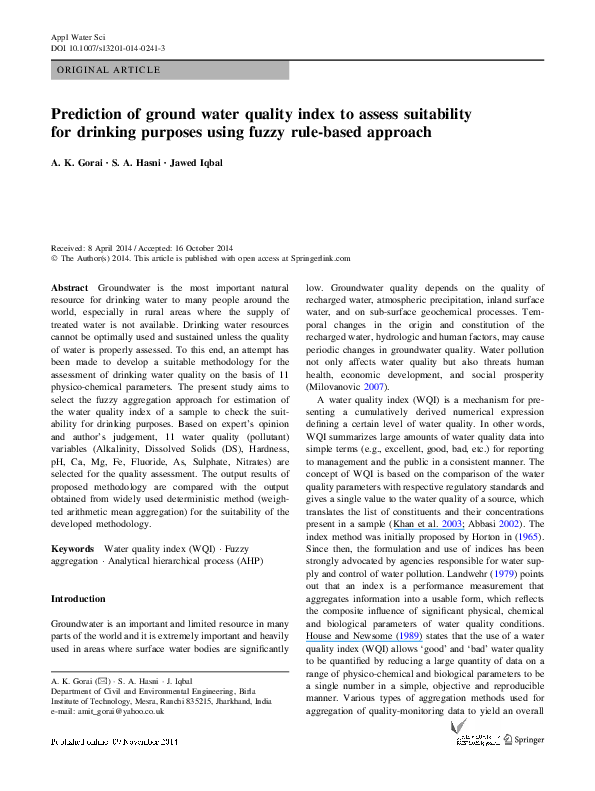 (PDF) Prediction of ground water quality index to assess suitability ...