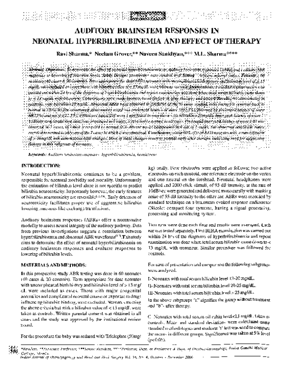 (PDF) Auditory brainstem responses in neonatal hyperbilirubinemia and ...