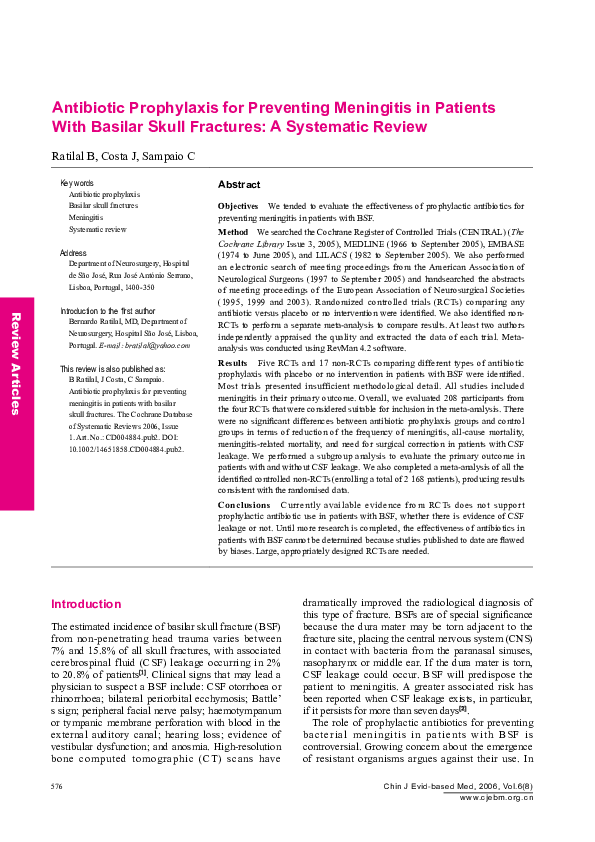 (PDF) Antibiotic prophylaxis for preventing meningitis in patients with