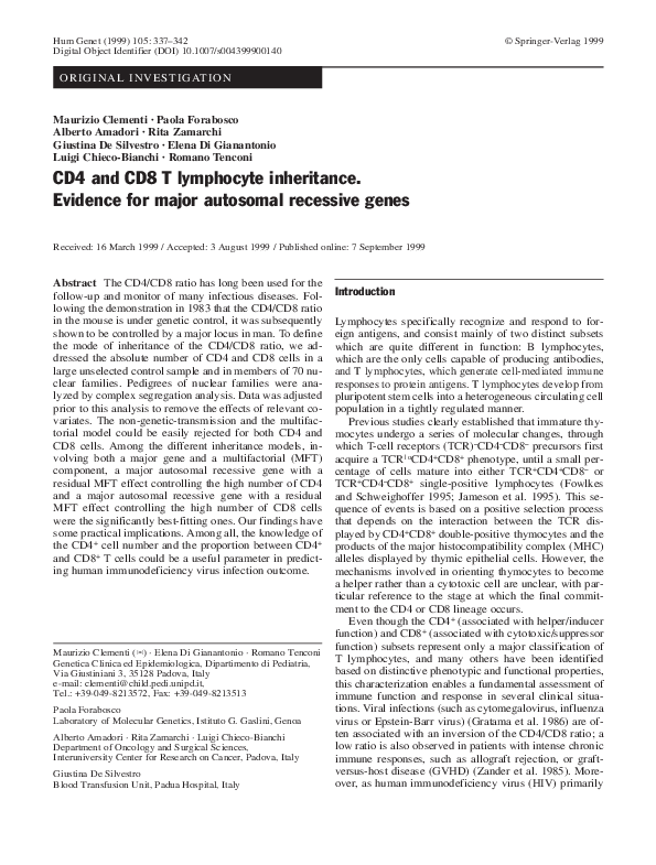 (PDF) CD4 and CD8 T lymphocyte inheritance. Evidence for major ...
