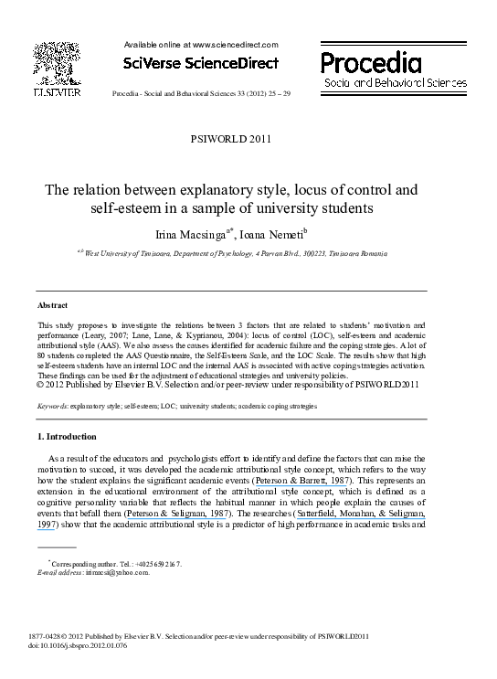 (PDF) The relation between explanatory style, locus of control and self ...