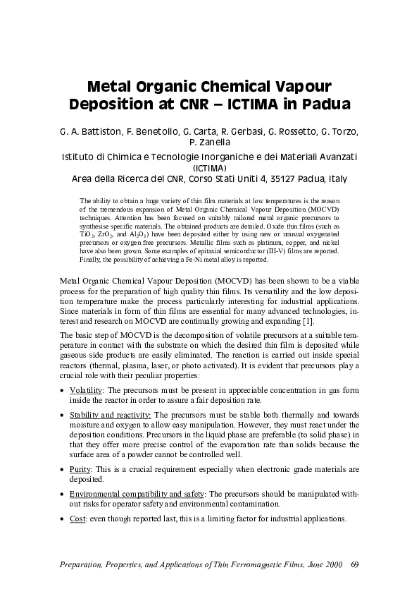 (PDF) Metal Organic Chemical Vapour Deposition at CNR - ICTIMA in Padua