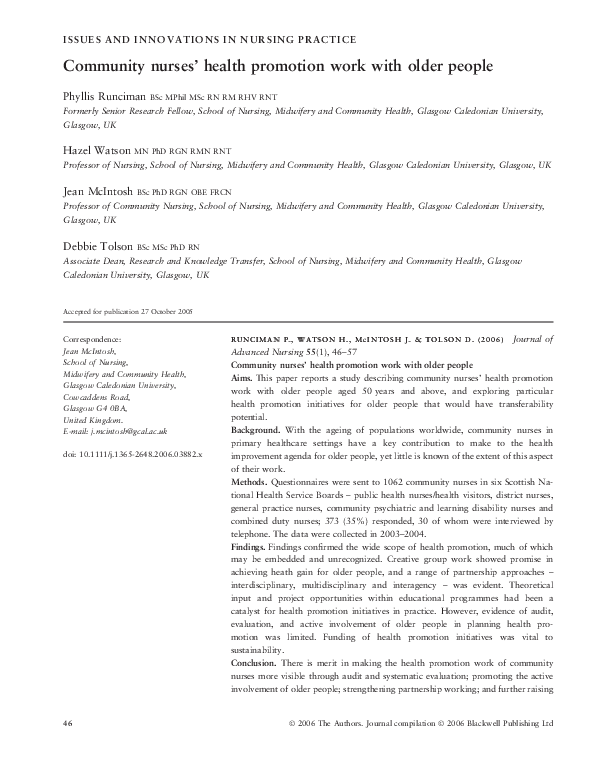 (PDF) Community nurses’ health promotion work with older people
