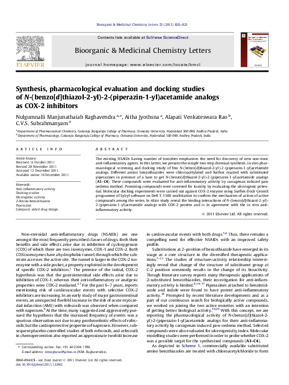 (PDF) Synthesis, pharmacological evaluation and docking studies of N ...