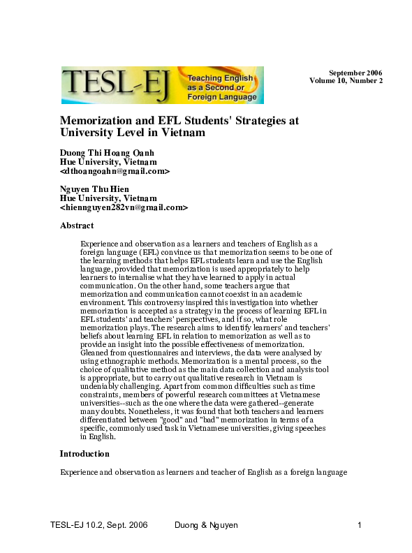 (PDF) Memorization and EFL Students' Strategies at University Level in ...