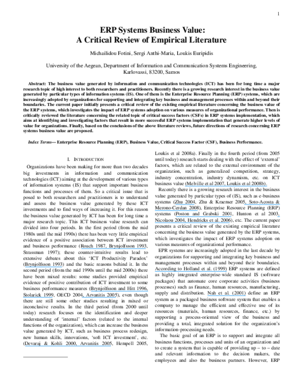 (PDF) ERP Systems Business Value: A Critical Review of Empirical Literature