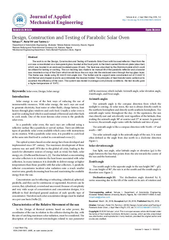 (PDF) Design, Construction and Testing of Parabolic Solar Oven