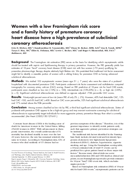 (PDF) Women with a low Framingham risk score and a family history of ...