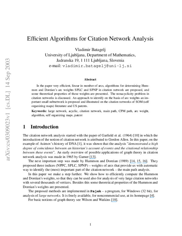 (PDF) Efficient algorithms for citation network analysis