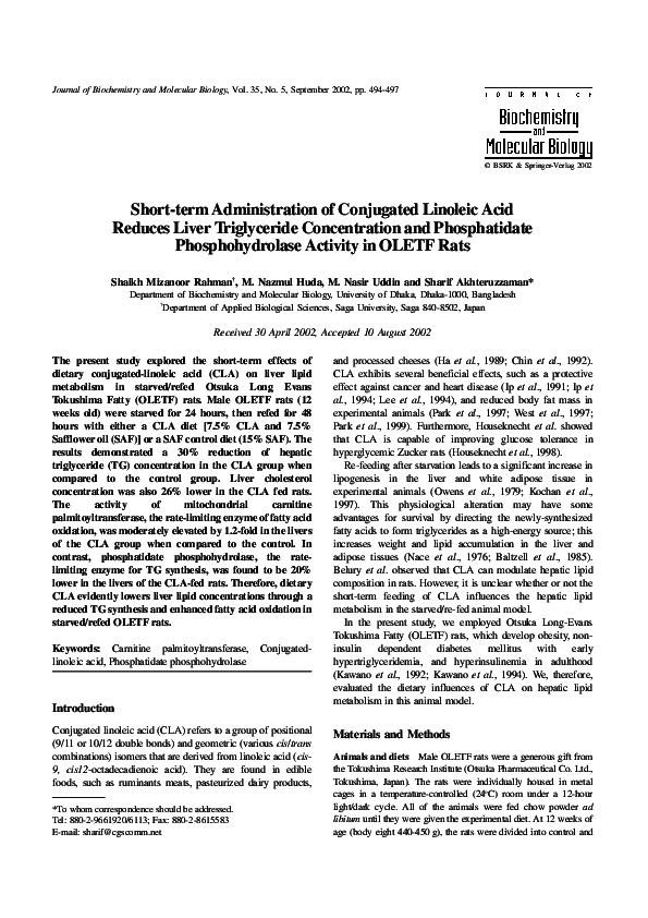(PDF) Shortterm administration of conjugated linoleic acid reduces