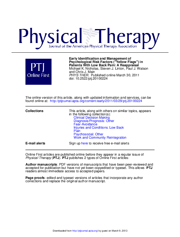 (PDF) Early Identification and Management of Psychological Risk Factors ( Yellow Flags ) in