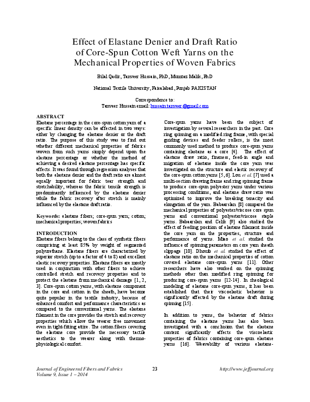 (PDF) Effect of Elastane Denier and Draft Ratio of Core-Spun Cotton ...