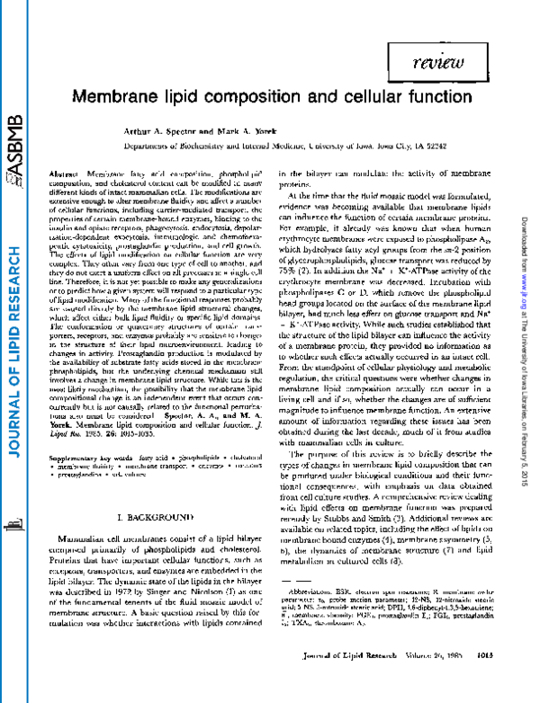 (PDF) Membrane lipid composition and cellular function