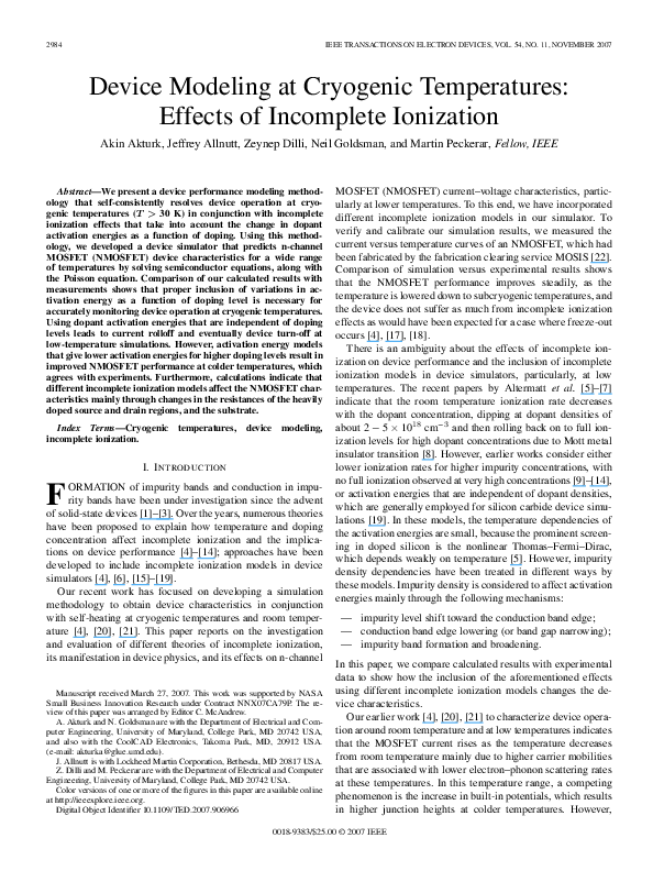 (PDF) Device Modeling at Cryogenic Temperatures: Effects of Incomplete ...