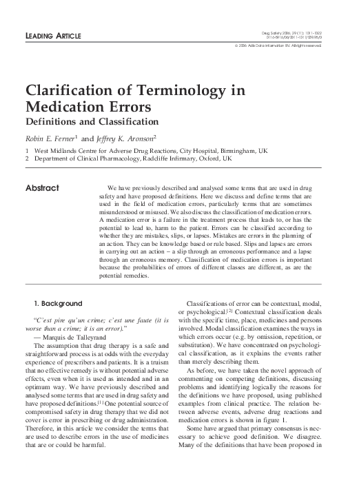 (PDF) Clarification of Terminology in Medication Errors