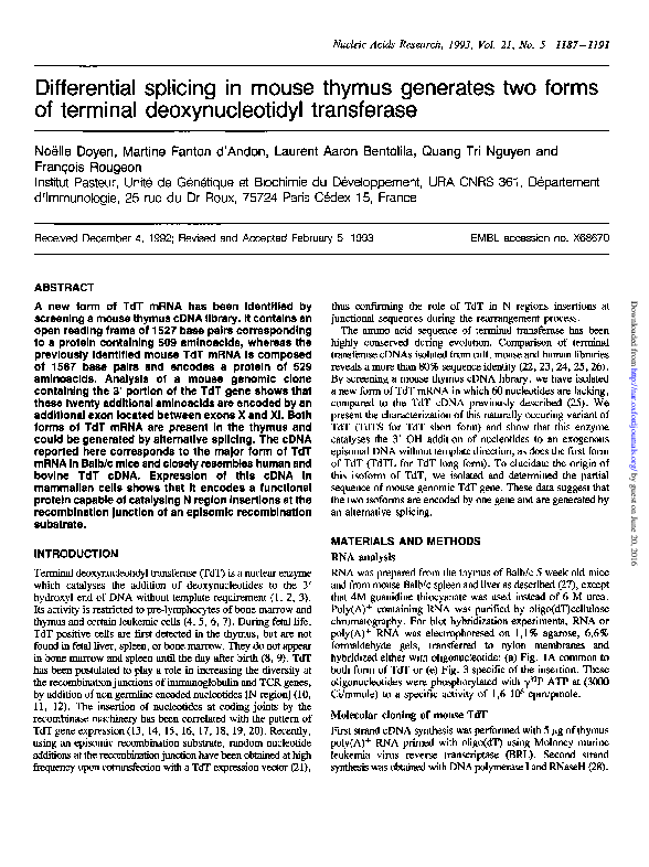 (PDF) Differential splicing in mouse thymus generates two forms of terminal deoxynucleotidyl