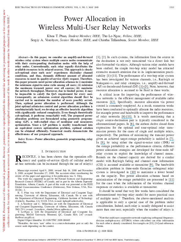 (PDF) Power allocation in wireless multi-user relay networks