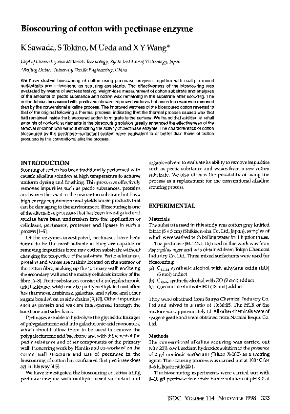 (PDF) Bioscouring of cotton with pectinase enzyme Xinyu Wang
