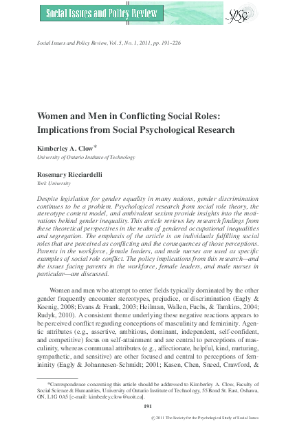 (PDF) Women and Men in Conflicting Social Roles: Implications from ...