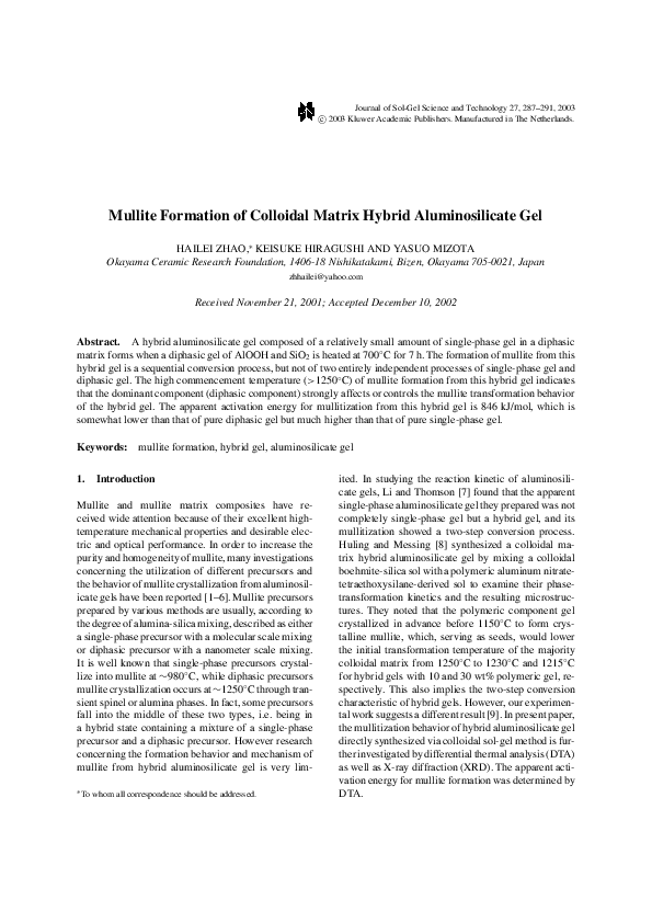 (PDF) Mullite Formation of Colloidal Matrix Hybrid Aluminosilicate Gel