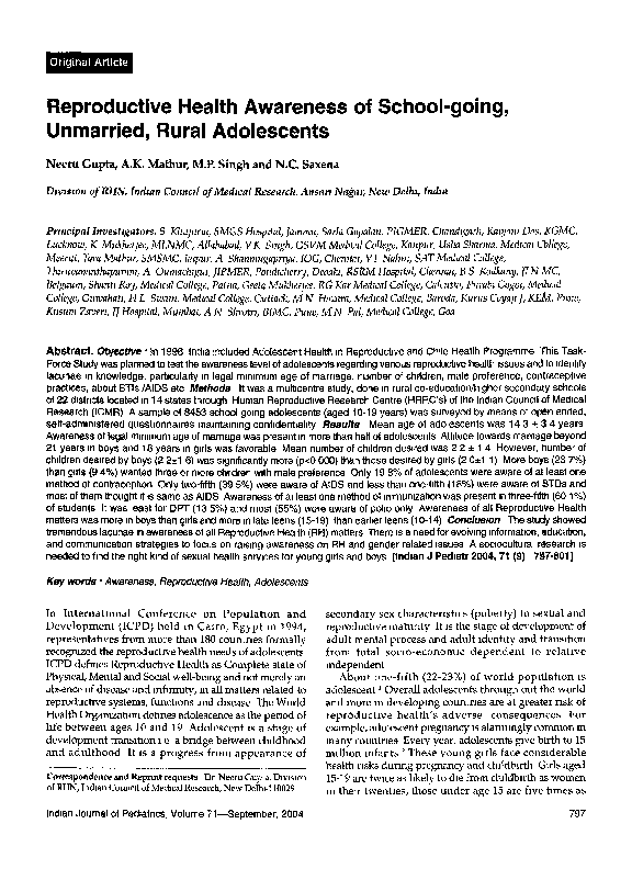 (PDF) Reproductive health awareness of school-going, unmarried, rural ...
