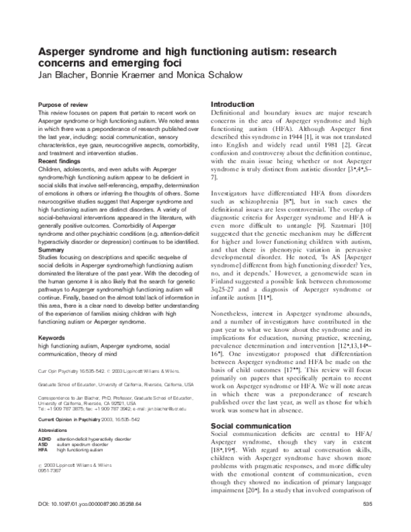 (PDF) Asperger syndrome and high functioning autism: research concerns ...