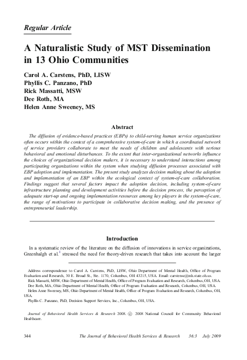 (PDF) A Naturalistic Study of MST Dissemination in 13 Ohio Communities