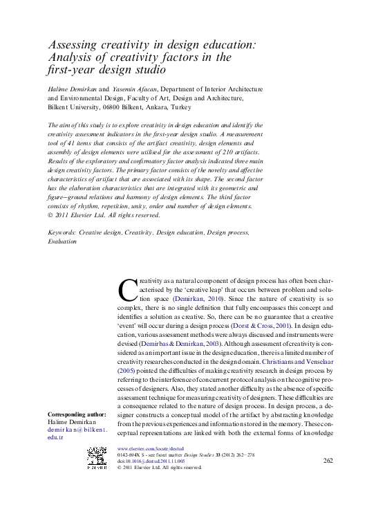 (PDF) Assessing creativity in design education: Analysis of creativity ...