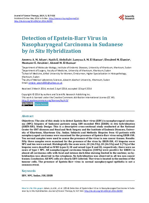 (PDF) Detection of Epstein-Barr Virus in Nasopharyngeal Carcinoma in ...