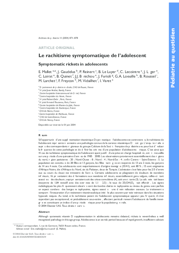 (PDF) Le rachitisme symptomatique de l’adolescent
