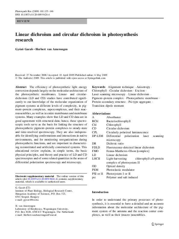 (PDF) Linear dichroism and circular dichroism in photosynthesis research