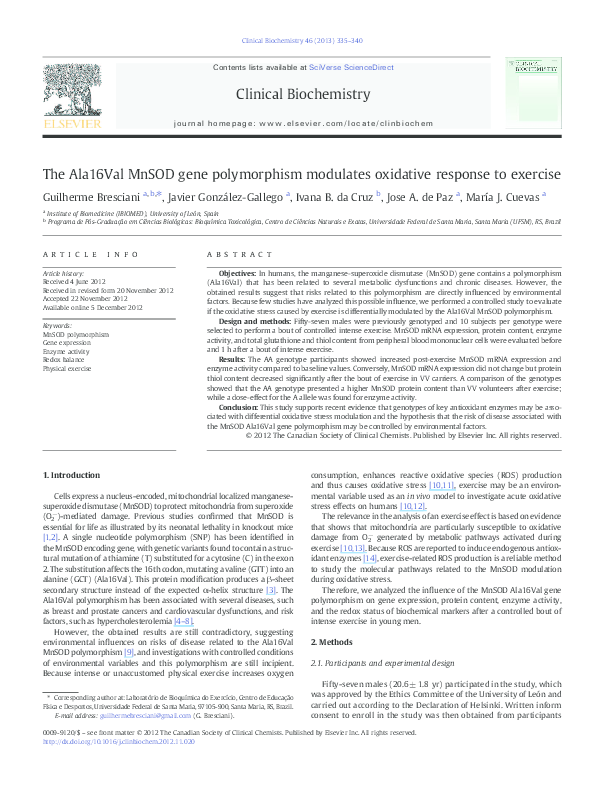 (PDF) The Ala16Val MnSOD gene polymorphism modulates oxidative response ...