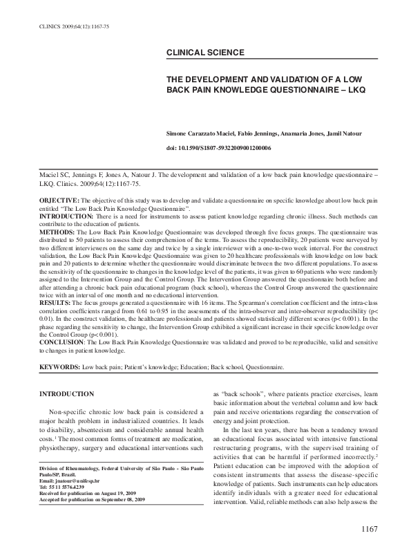 (PDF) The development and validation of a low back pain knowledge ...