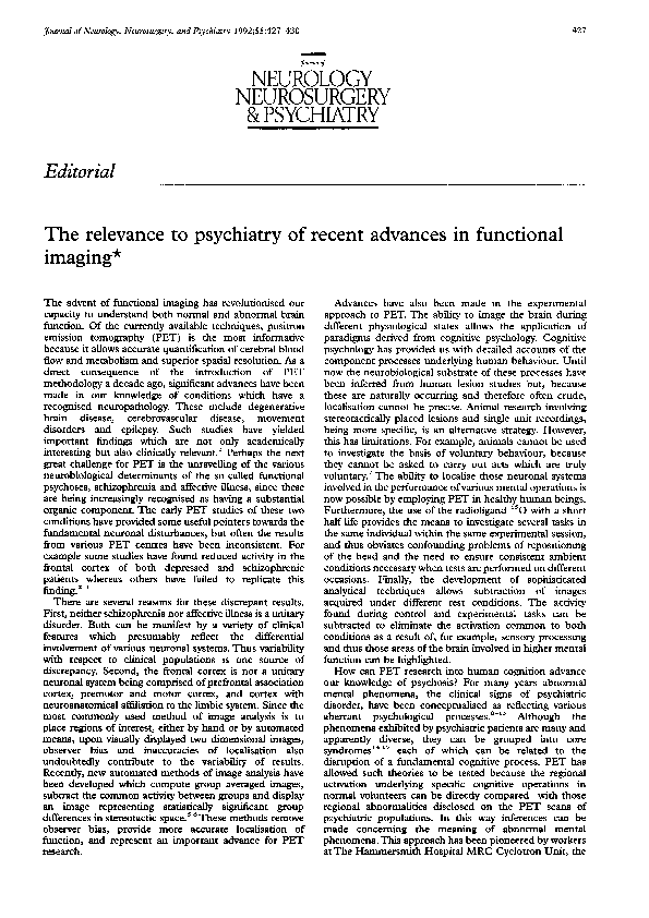 (PDF) The relevance to psychiatry of recent advances in functional imaging