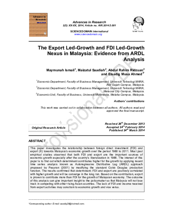 (PDF) The Export Led-Growth and FDI Led-Growth Nexus in Malaysia ...