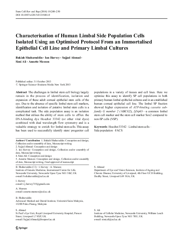 (PDF) Characterisation of Human Limbal Side Population Cells Isolated ...
