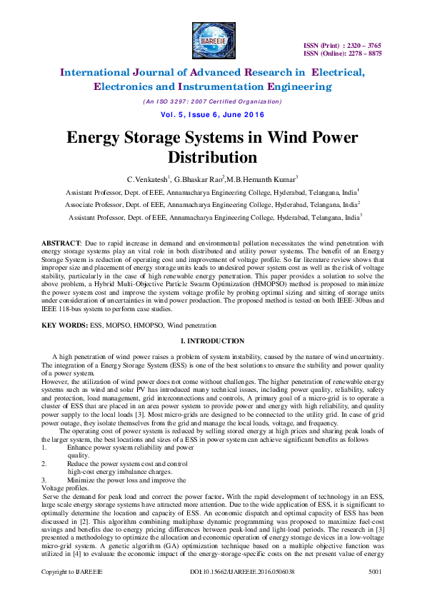 (PDF) Energy Storage Systems in Wind Power Distribution