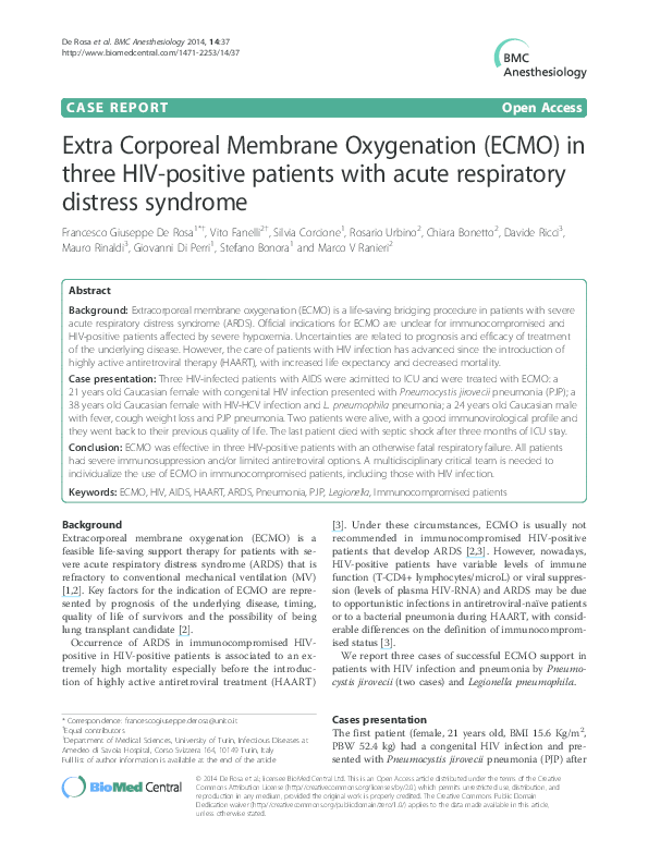 (PDF) Extra Corporeal Membrane Oxygenation (ECMO) in three HIV-positive ...