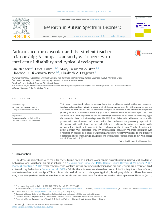 (PDF) Autism spectrum disorder and the student teacher relationship: A ...
