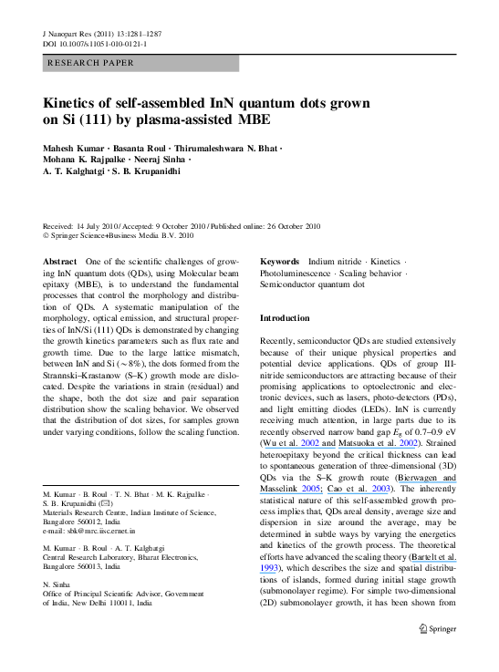 (PDF) Kinetics of self-assembled InN quantum dots grown on Si (111) by ...